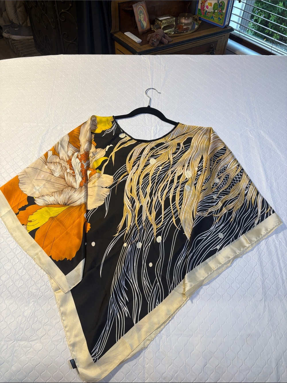 Silk-Feel Floral & Koi Print Wrap Scarf - Yellow, Black, Cream - Picture 5 of 6